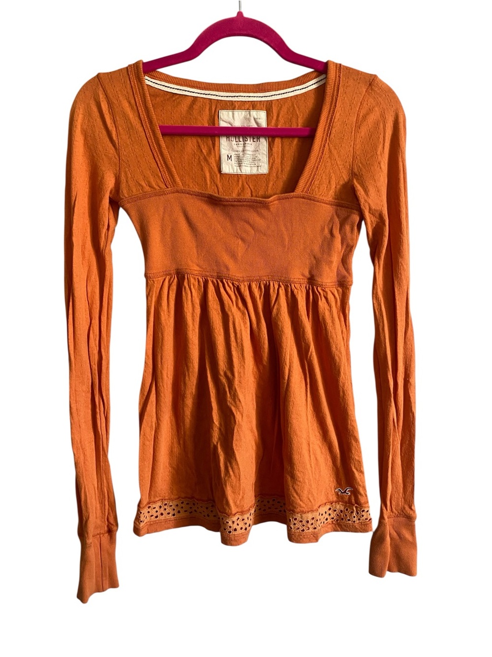 Y2K Hollister Square Neck Long Sleeve Hengley Babydoll Top Orange Medium
